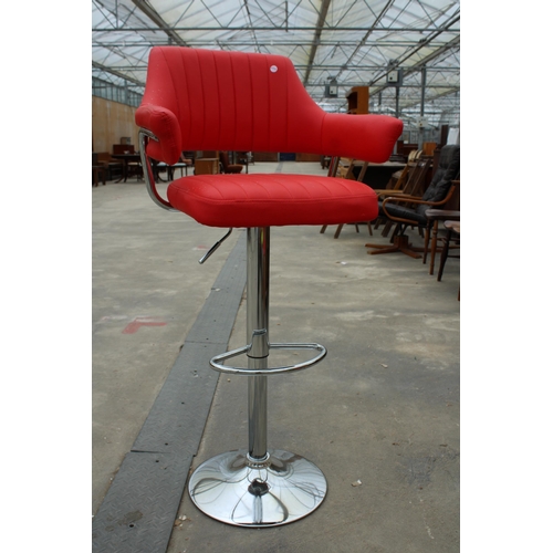 2848 - A PUMP STOOL ON POLISHED CHROME BASE WITH BRIGHT RED FAUX LEATHER SEAT AND ARMS