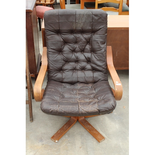 2853 - A FAUX BROWN LEATHER BENTWOOD FIRESIDE CHAIR