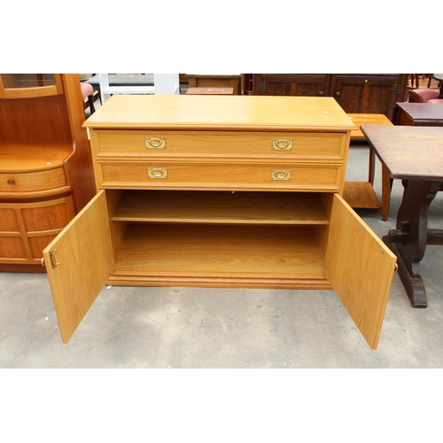 2856 - AN OAK CABINET WITH TWO DRAWERS AND TWO CUPBOARDS WITH CAMPAIGN STYLE HANDLES, 48