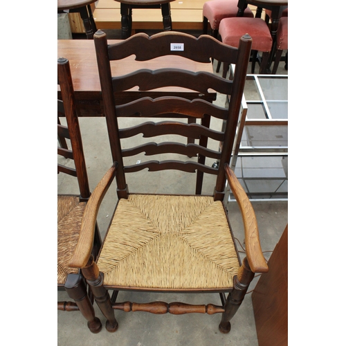 2858 - EIGHT ELM LANCASHIRE STYLE LADDER BACK DINING CHAIRS WITH RUSH SEATS, TWO BEING CARVERS