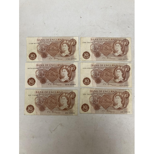 491 - SIX BANK OF ENGLAND TEN SHILLINGS' NOTES FEATURING QUEEN ELIZABETH II SIGNED BY CHIEF CASHIER J.S. F... 