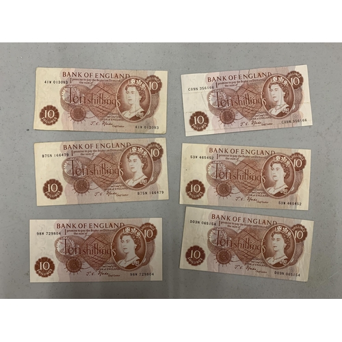 496 - SIX BANK OF ENGLAND TEN SHILLINGS' NOTES FEATURING QUEEN ELIZABETH II SIGNED BY CHIEF CASHIER J.S. F... 