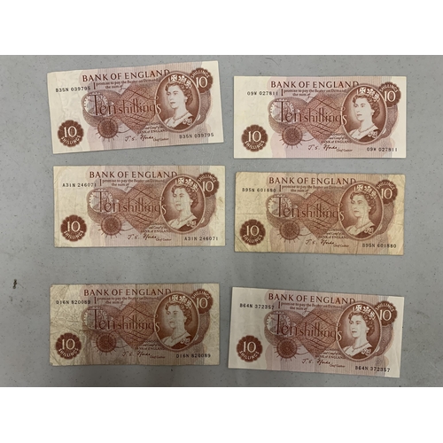 497 - SIX BANK OF ENGLAND TEN SHILLINGS' NOTES FEATURING QUEEN ELIZABETH II SIGNED BY CHIEF CASHIER J.S. F... 