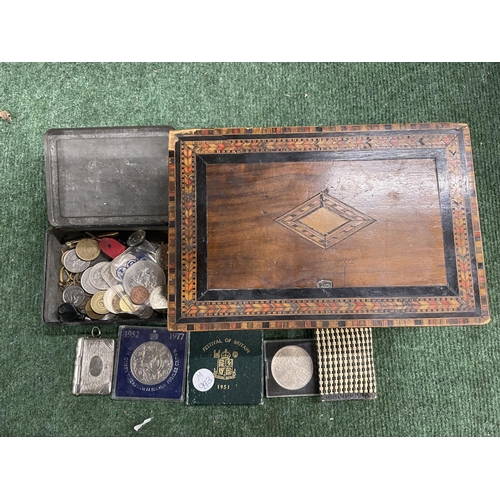 382A - AN INLAID BOX CONTAINING A VESTA CASE, WORLD COINS AND FIVE COMMEMORATIVE CROWNS