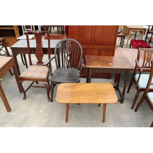 2864 - AN OAK OCCASIONAL TABLE, WHEEL BACK CARVER CHAIR, QUEEN ANNE STYLE DINING CHAIR AND A COFFEE TABLE