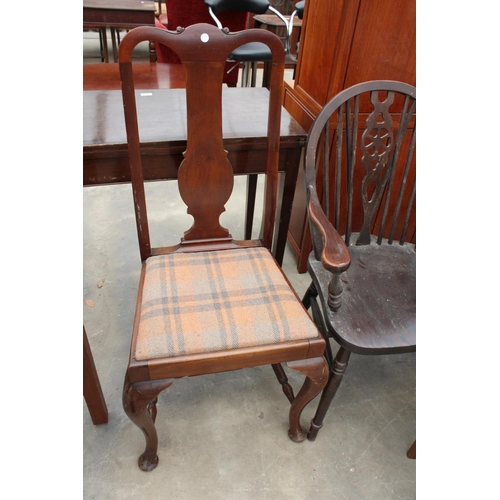 2864 - AN OAK OCCASIONAL TABLE, WHEEL BACK CARVER CHAIR, QUEEN ANNE STYLE DINING CHAIR AND A COFFEE TABLE