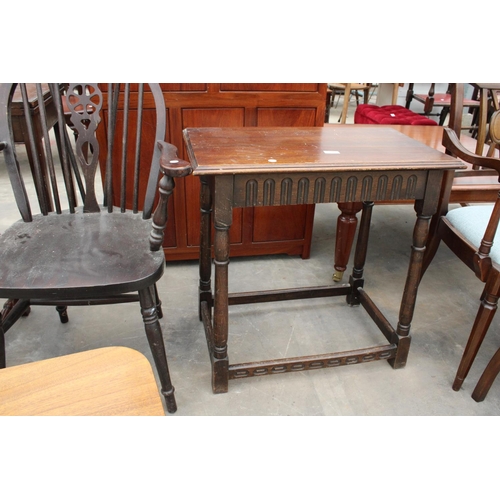 2864 - AN OAK OCCASIONAL TABLE, WHEEL BACK CARVER CHAIR, QUEEN ANNE STYLE DINING CHAIR AND A COFFEE TABLE