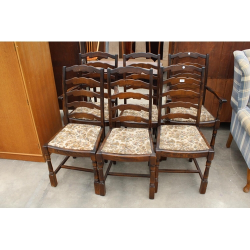 2868 - A SET OF SIX PRIORY INN SCENE LADDER BACK DINING CHAIRS, TWO BEING CARVERS