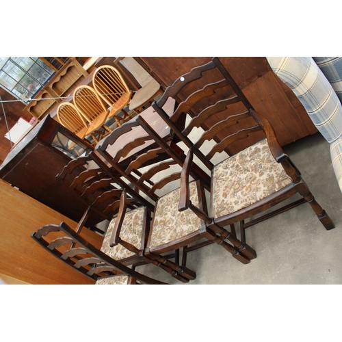 2868 - A SET OF SIX PRIORY INN SCENE LADDER BACK DINING CHAIRS, TWO BEING CARVERS