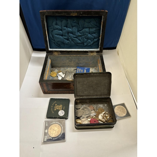 382A - AN INLAID BOX CONTAINING A VESTA CASE, WORLD COINS AND FIVE COMMEMORATIVE CROWNS