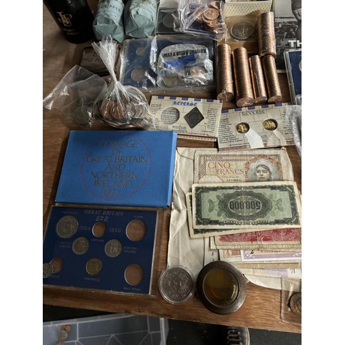 465 - AN INTERESTING ASSORTMENT OF COINS AND NOTES. INCLUDED A TIBETAN SILVER PLAQUE WEIGHT 156 GRAMS, SEV... 