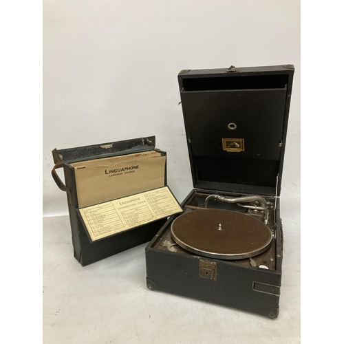 58 - A VINTAGE HMV PORTABLE GRAMOPHONE PLAYER TO INCLUDE A QUANTITY OF 78 RPM LINGUAPHONE RECORDS IN A CA... 