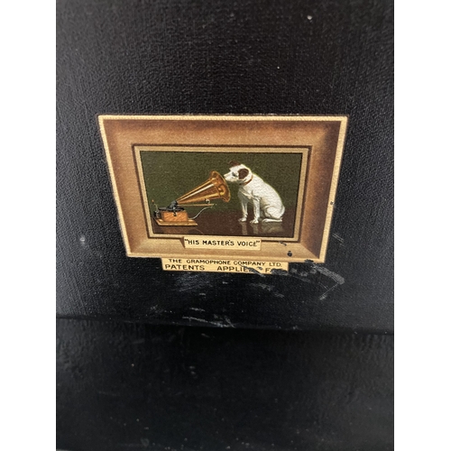 58 - A VINTAGE HMV PORTABLE GRAMOPHONE PLAYER TO INCLUDE A QUANTITY OF 78 RPM LINGUAPHONE RECORDS IN A CA... 