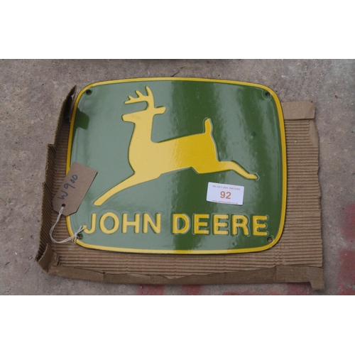 92 - NEW JOHN DEERE ENAMEL SIGN  NO  VAT