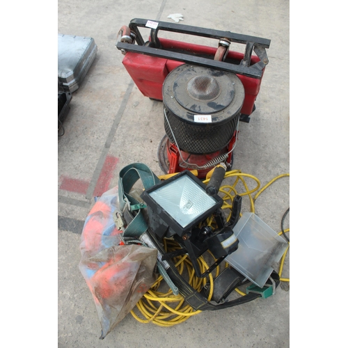 1431 - PARAFFIN HEATER, UNDER CAR TROLLEY, LIGHTS AND EXTENSION  NO VAT