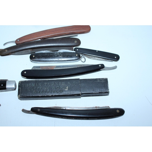 114 - THREE VINTAGE PENKNIFES AND FOUR CUTTHROAT RAZORS