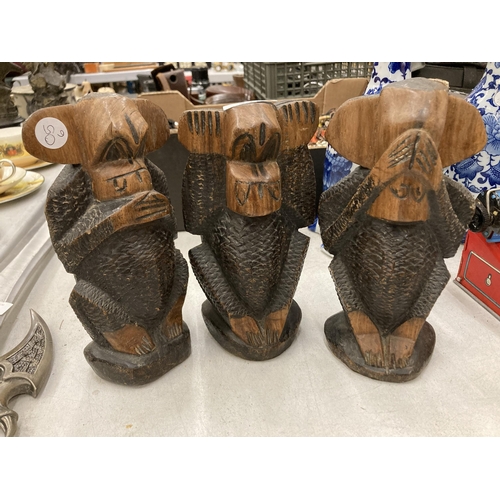 237 - A SET OF THREE HARDWOOD CARVED VINTAGE MONKEYS, SEE NO EVIL, HEAR NO EVIL AND SPEAK NO EVIL, HEIGHT ... 