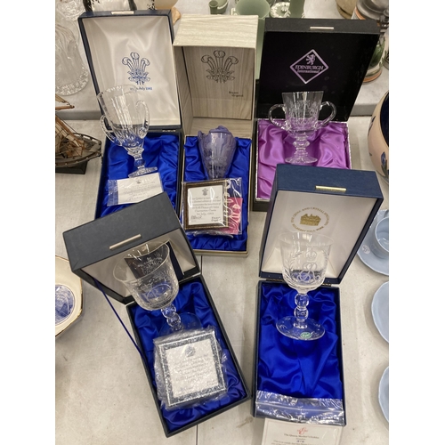 244 - FIVE ROYAL COMMEMORATIVE GLASSES IN PRESENTATION BOXES TO INCLUDE FOUR STUART LIMITED EDITION WITH C... 