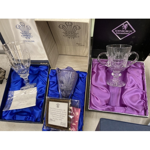 244 - FIVE ROYAL COMMEMORATIVE GLASSES IN PRESENTATION BOXES TO INCLUDE FOUR STUART LIMITED EDITION WITH C... 