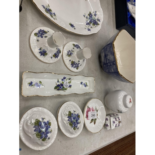 245 - A QUANTITY OF ROYAL GRAFTON JACOBEAN 'VIOLETS' TO INCLUDE A SANDWICH PLATE, CANDLESTICKS,TRINKET BOX... 