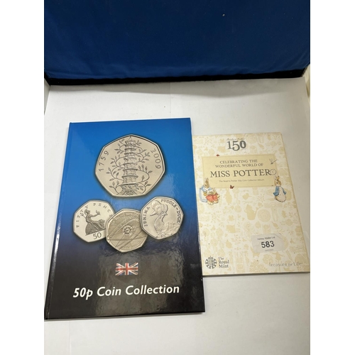 583 - A FIFTY PENCE COIN COLLECTION ALBUMS TO INCLUDE CELEBRATING THE WONDERFUL WORLD OF MISS POTTER (FIVE... 