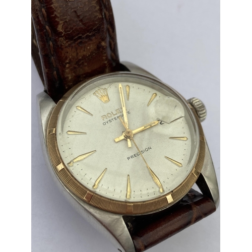 605 - A VINTAGE ROLEX OYSTERDATE PRECISION WRISTWATCH WITH 18CT GOLD BEZEL WITH LEATHER STRAP, NO BOX AND ... 