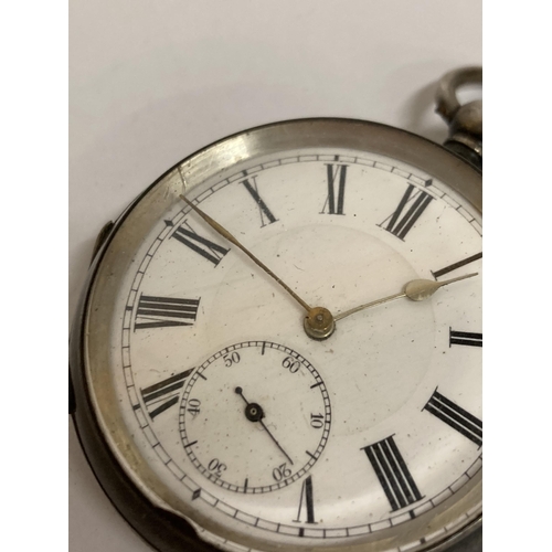 638 - A HALLMARKED SILVER GENTS OPEN FACED KEY WOUND POCKET WATCH. WEIGHT 110 GRAMS