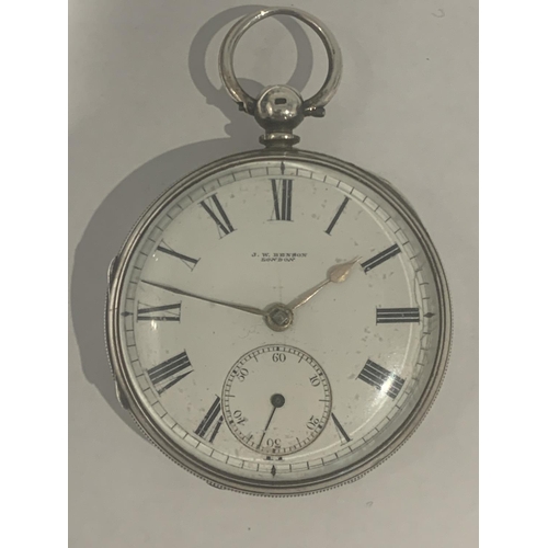 639 - A HALLMARKED SILVER GENTS OPEN FACED KEY WOUND POCKET WATCH BY J.W BENSON OF LONDON, WEIGHT 106 GRAM... 