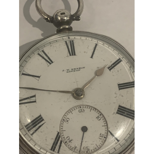 639 - A HALLMARKED SILVER GENTS OPEN FACED KEY WOUND POCKET WATCH BY J.W BENSON OF LONDON, WEIGHT 106 GRAM... 