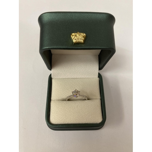 653 - A 925 SILVER SOLITAIRE RING WITH A 1 CARAT MOISSANITE STONE, SIZE N, WITH RELATED PAPERWORK, BOXED