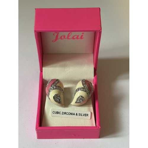 695 - A PAIR OF SILVER, CUBIC ZIRCOIA AND ENAMEL EARRINGS IN A PRESENTATION BOX