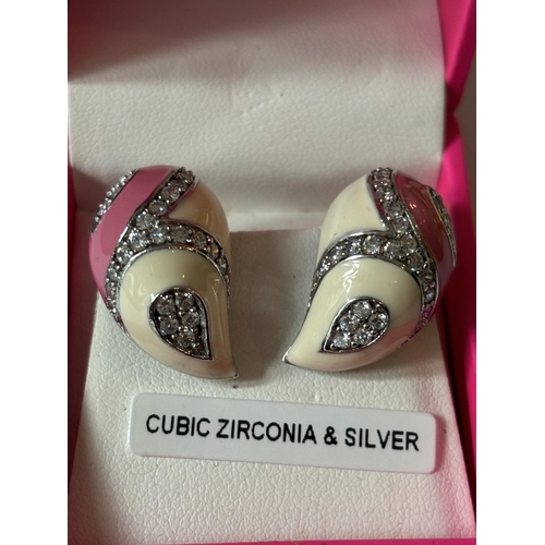 695 - A PAIR OF SILVER, CUBIC ZIRCOIA AND ENAMEL EARRINGS IN A PRESENTATION BOX