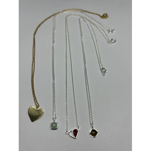 731 - FOUR SILVER PENDANT NECKLACES TO INCLUDE A GOLD PLATED HEART