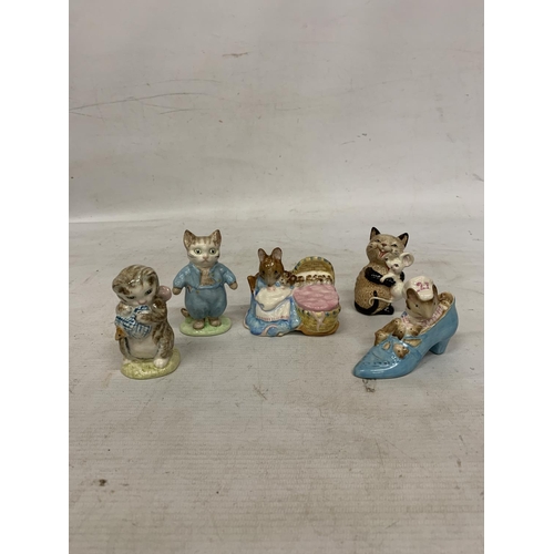 842 - FOUR BESWICK FIGURES TO INCLUDE A LAUGHING CAT AND MOUSE AND THREE BEATRIX POTTER TO INCLUDE HUNCA M... 