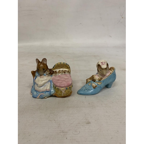 842 - FOUR BESWICK FIGURES TO INCLUDE A LAUGHING CAT AND MOUSE AND THREE BEATRIX POTTER TO INCLUDE HUNCA M... 