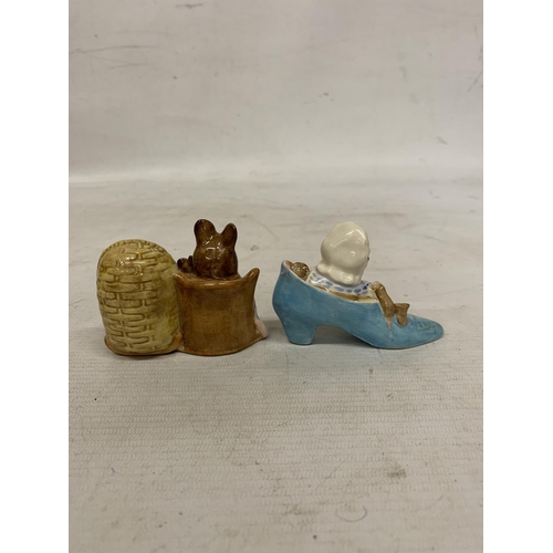 842 - FOUR BESWICK FIGURES TO INCLUDE A LAUGHING CAT AND MOUSE AND THREE BEATRIX POTTER TO INCLUDE HUNCA M... 