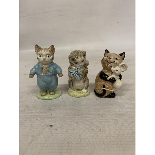 842 - FOUR BESWICK FIGURES TO INCLUDE A LAUGHING CAT AND MOUSE AND THREE BEATRIX POTTER TO INCLUDE HUNCA M... 