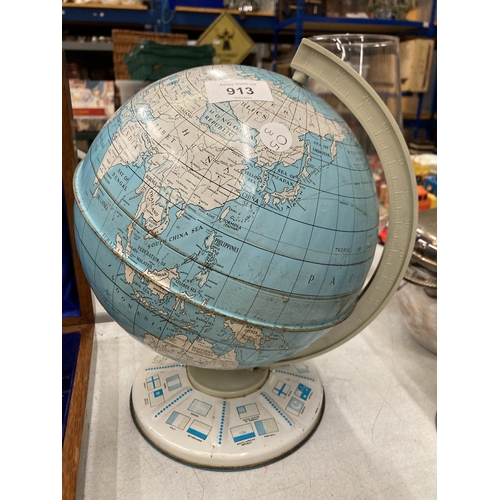 913 - A LARGE 1960'S METAL ROTATING SCHOOL GLOBE ON A BASE, HEIGHT APPROX 30CM