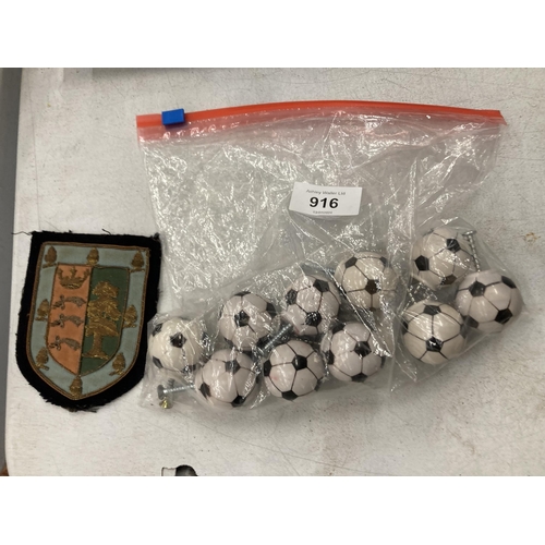 916 - A 1930'S EMBROIDED BADGE PLUS TEN FIFA FOOTBALL DRAWER KNOBS