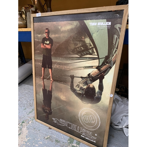 975 - A MAN CAVE, FRAMED TIMO MULLEN CHAMPION WINDSURFER, HARD POSTER, 63CM X 87CM