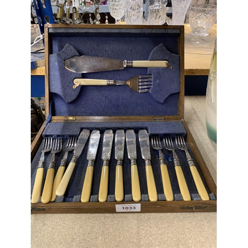 1033 - A VINTAGE CAKE FORK AND KNIFE SET WITH SERVERS IN AN OAK CASE