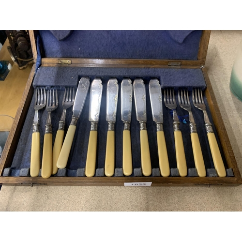 1033 - A VINTAGE CAKE FORK AND KNIFE SET WITH SERVERS IN AN OAK CASE