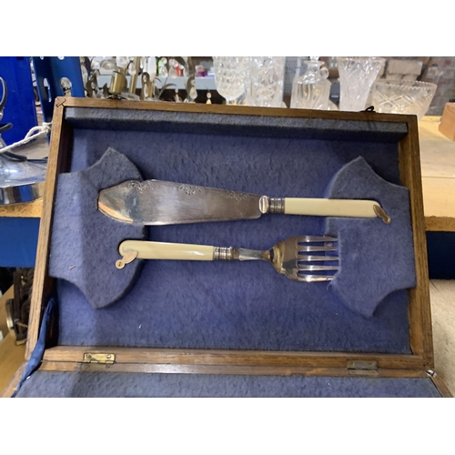 1033 - A VINTAGE CAKE FORK AND KNIFE SET WITH SERVERS IN AN OAK CASE