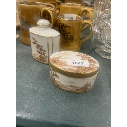 1047 - TWO PIECES OF A HANDPAINTED DRESSING TABLE SET TO INCLUDE A TRINKET BOX AND A LIDDED POT