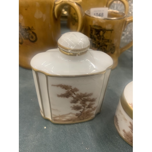 1047 - TWO PIECES OF A HANDPAINTED DRESSING TABLE SET TO INCLUDE A TRINKET BOX AND A LIDDED POT