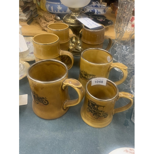 1048 - SIX WADE CERAMIC TANKARDS WITH IMAGES OF VINTAGE CARS, DUCKS AND A HUNTING SCENE