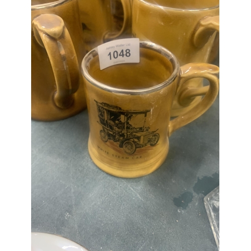 1048 - SIX WADE CERAMIC TANKARDS WITH IMAGES OF VINTAGE CARS, DUCKS AND A HUNTING SCENE