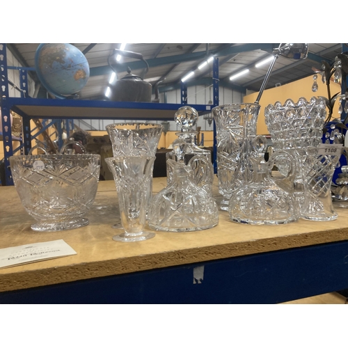 1108 - A QUANTITY OF GLASSWARE TO INCLUDE FIVE VASES, TWO OIL DECANTERS, A BOWL ETC