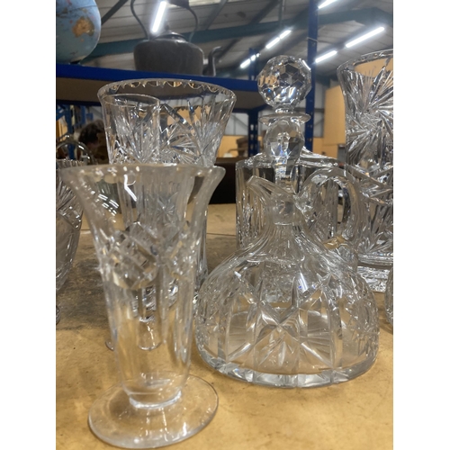 1108 - A QUANTITY OF GLASSWARE TO INCLUDE FIVE VASES, TWO OIL DECANTERS, A BOWL ETC