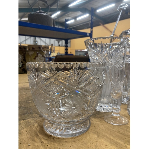 1108 - A QUANTITY OF GLASSWARE TO INCLUDE FIVE VASES, TWO OIL DECANTERS, A BOWL ETC